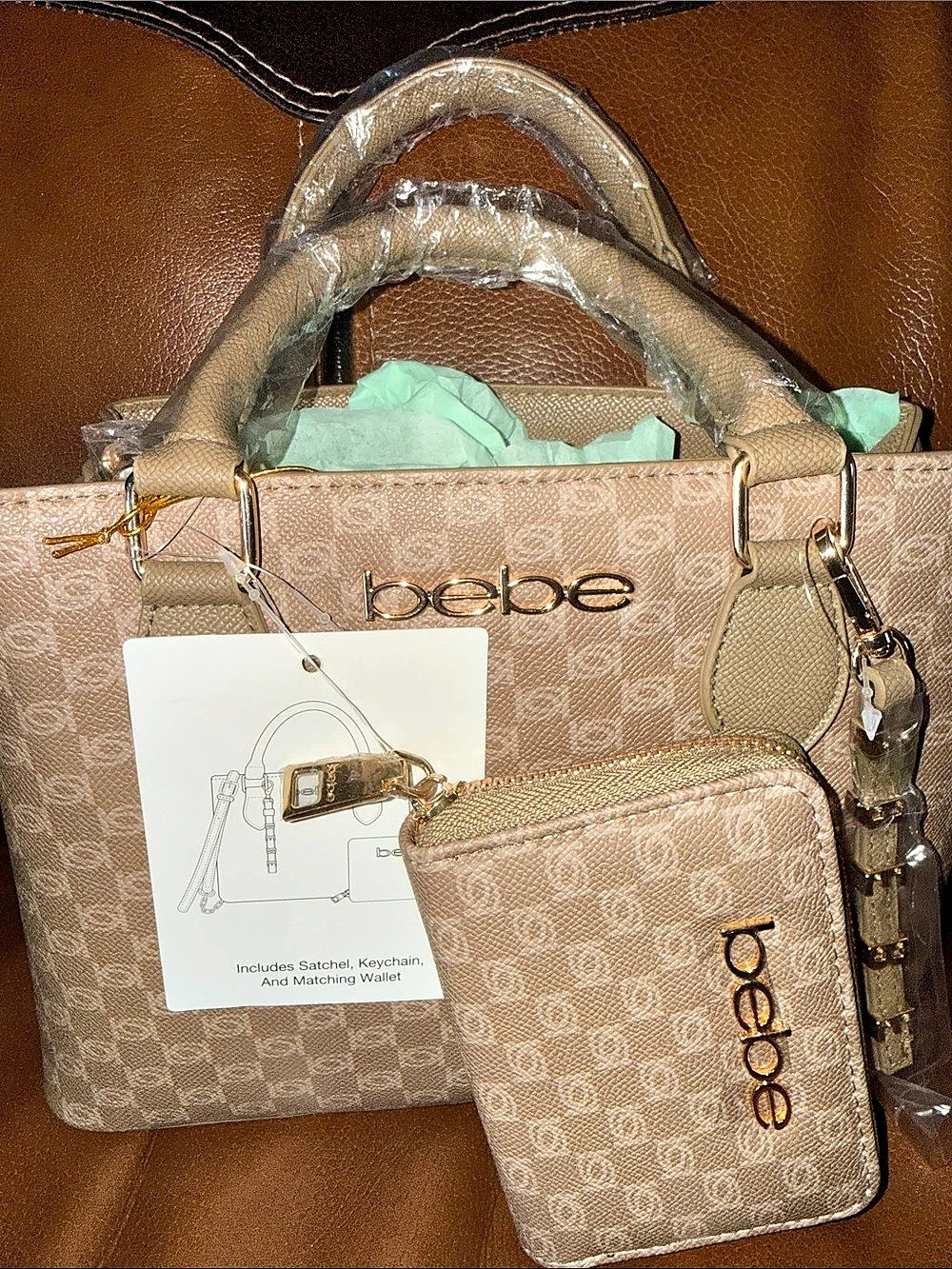 bebe Adela Small Monogram Satchel with Wallet in Moss Stone color NWT